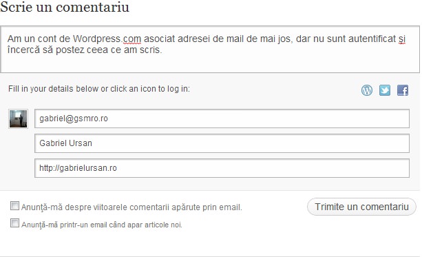 Comentariu adresa mail asociata Wordpress dar nu sunt autentificat