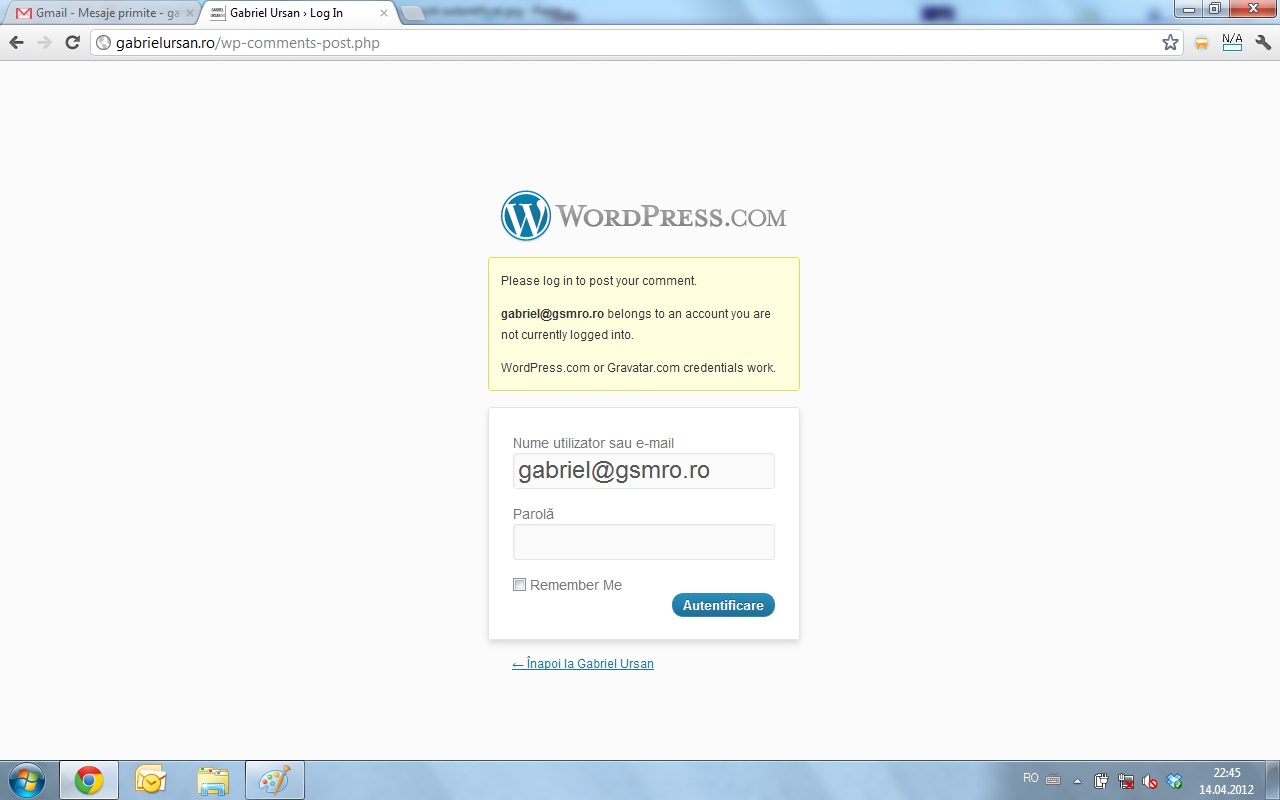 Voi fi redirectionat catre pagina de login unde trebuie sa ma autentific cu un cont de Wordpress sau de Gravatar