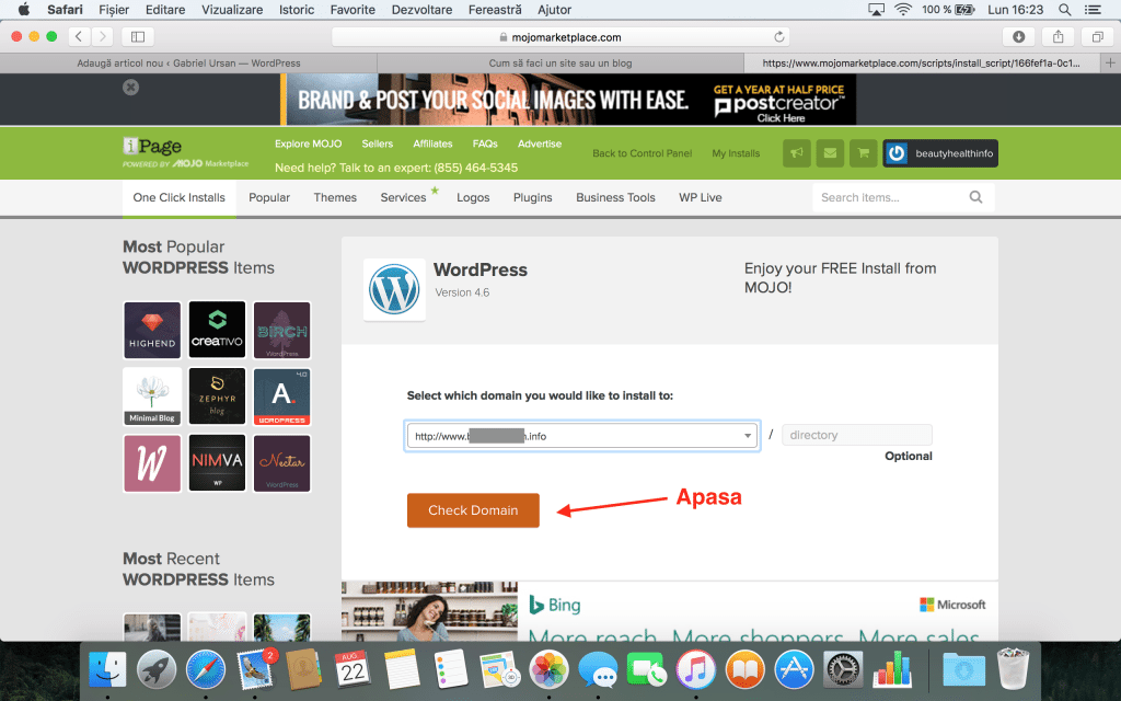 Selecteaza domeniul web pe care vrei sa creezi noul site sau noul blog si apasa Check Domain