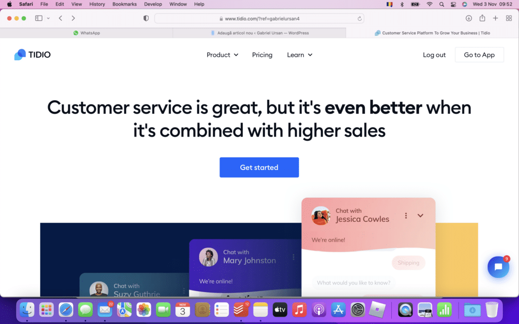 Intra pe Tidio si apasa Get Started