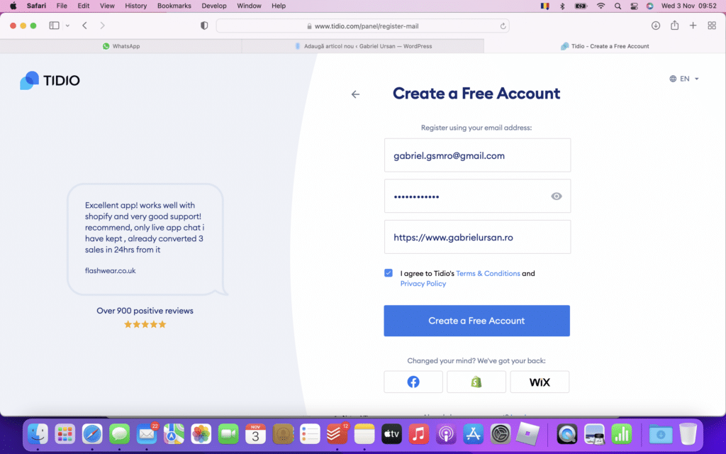 Adauga adresa de email, o parola si adresa websiteului tau