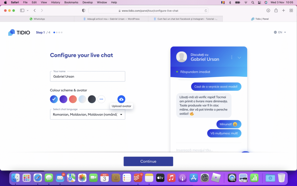 Da un nume chat bot-ului tau, selecteaza o culoare de fundal si incarca o poza de profil