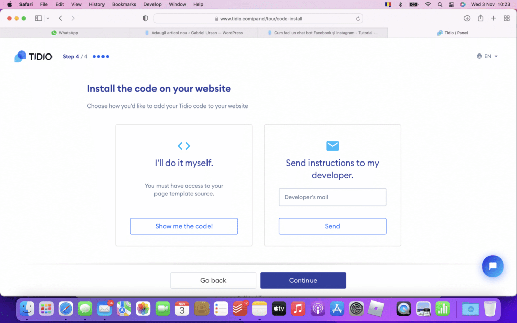 In acest punct va trebui sa instalezi chat bot-ul pe site