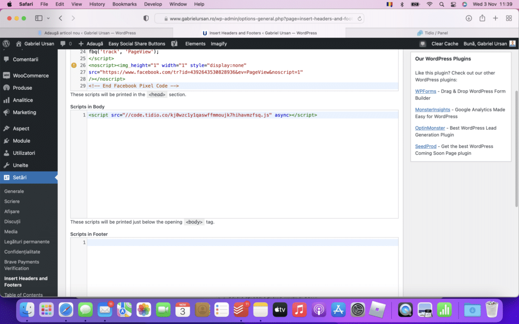 Copiaza codul chat bot in campul Body din WordPress si apoi apasa Save