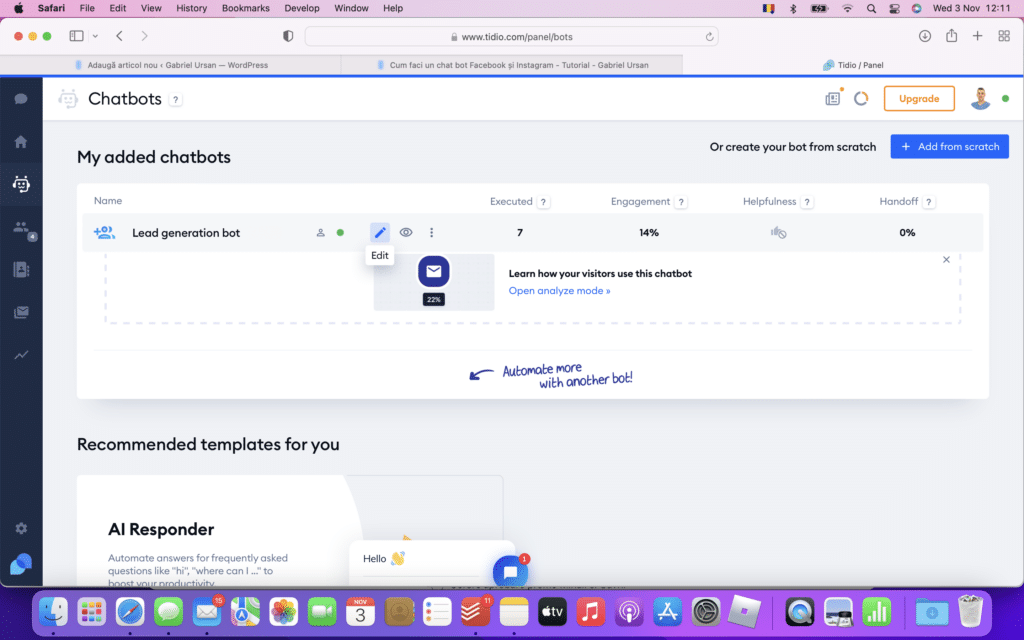 Mergi la meniul CHATBOTS si apasă edit la cel cu Lead Generation. Îți va apărea