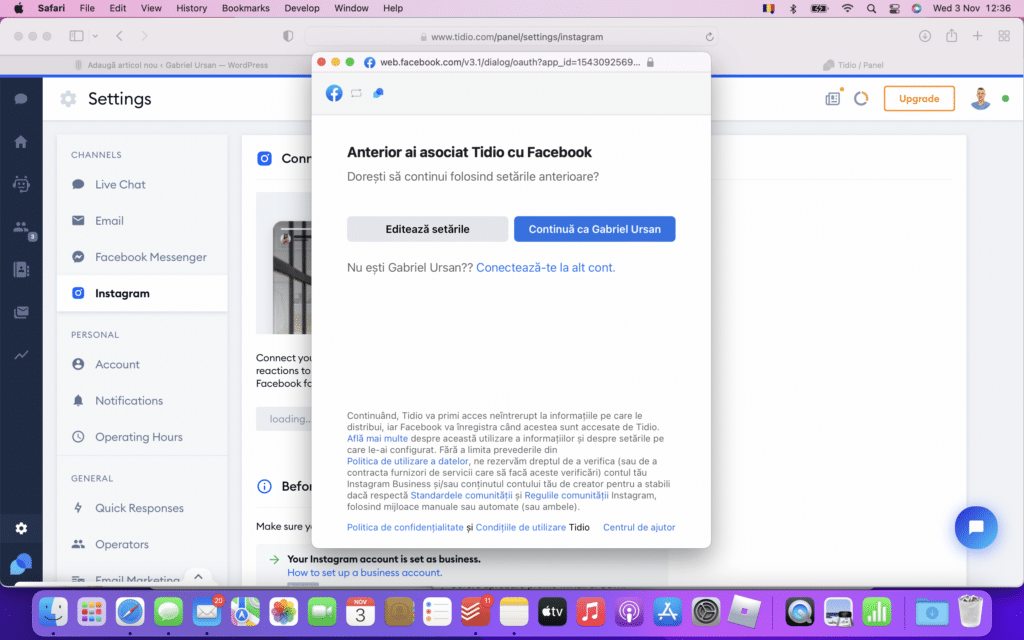 Ți se va deschide un pop-up în care ți se va cere să asociezi contul de Facebook cu Tidio