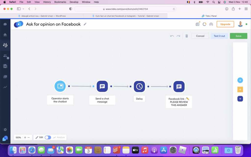 După ce ai finalizat integrarea mergi înapoi la meniul CHATBOTS și creează un ChatBot pentru Facebook